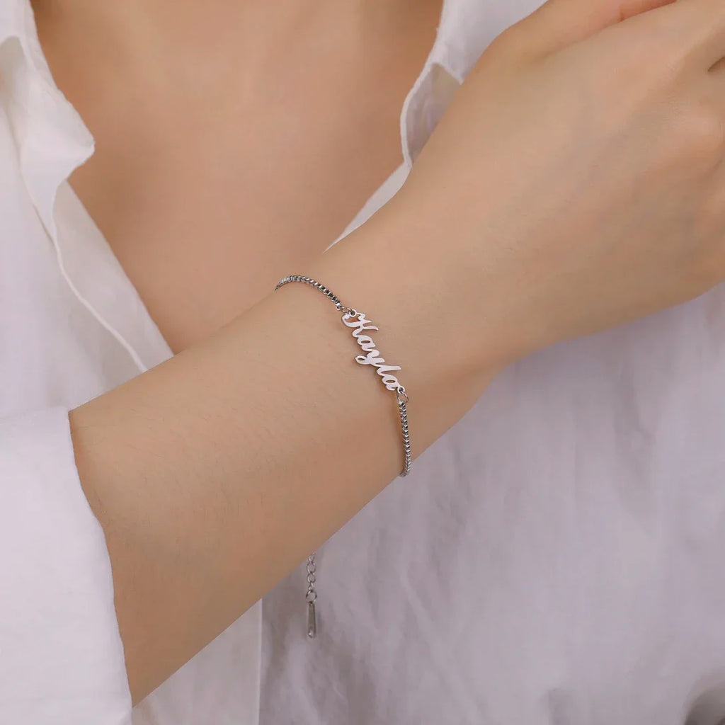 Bracelet Personnalisé Femme & Fille – Chaîne Box en Acier Inoxydable avec Lettre Prénom Personnalisée, Cadeau Bijou Unique