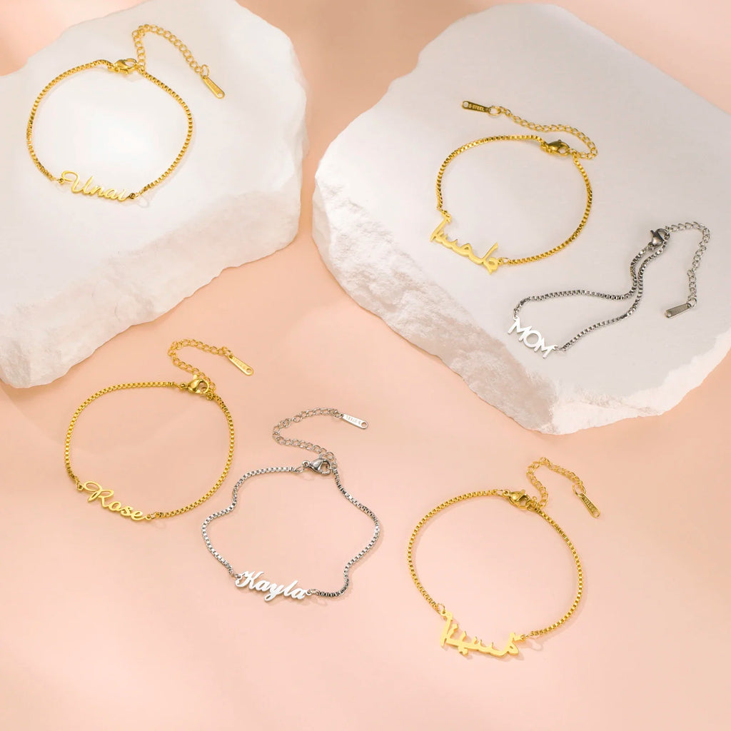 Bracelet Personnalisé Femme & Fille – Chaîne Box en Acier Inoxydable avec Lettre Prénom Personnalisée, Cadeau Bijou Unique